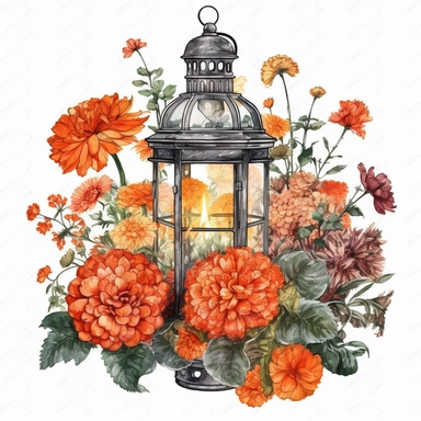 Marigolds, Begonias, Alliums, roses, flowers, plants growing outside a lantern, dreamy, clear, clipart, white background