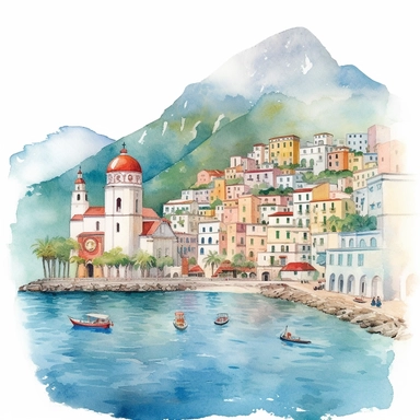 The Amalfi Coast, Italy, watercolor Clipart, watercolor Sublimation graphics, hand drawn illustration by katie daisy, Watercolor clipart, single design, single object, print on demand image, PNG transparent background, white background for removing background - - no text shadow font watermark, 8k