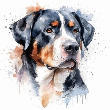 detailed shinny Greater Swiss Mountain Dog head,Clipart ,contour,isolated,watercolor,white background