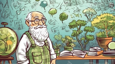 old man in front of a huge classroom with a ecological things on a whiteboard, eco, imaginative, cute, fun, colorful, in the style of Clipart