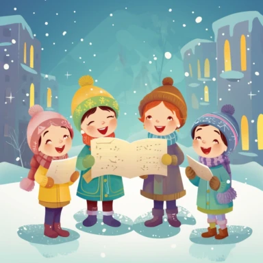 Four happy little kids in mittens of different sexes, holding a sheet of music, singing in a beautiful snow-covered street with Christmas decorations, beautiful Christmas tree in the background, child style, 2D, vector, good quality, illustration from Pixar children's book, vector, cartoon character, hand-drawn, clipart