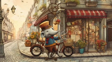 A whimsical chibi-style illustration showing a dapper elephant, trunk swinging in rhythm as he rides an antiquated, large-wheel bicycle. The tuba he carries lets out melodious notes, adding to the jubilant ambiance. The backdrop, a cheerful vintage townscape with cobblestone streets and quaint houses, adds to the storybook charm. Created digitally with a Wacom Cintiq Pro using Clip Studio Paint, utilizing watercolor and pencil brushes for a warm, hand-drawn look