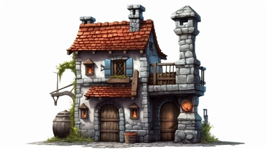 isolated images, illustrations on a white background, blacksmith exterior , forge , envy , , serene, dark fantasy ,Clipart, cartoon, realistic, isolated, full building, highly detailed, hdr, 32K, photo expert quality,game asset , hyperrealistic and highly detailed, isolated on a white background