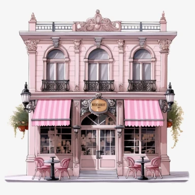 Elegant pink French cafe with a chic Parisian aesthetic. The exterior is adorned with pink shutters and wrought-iron details. Inside, the cafe is furnished with stylish pink seating and luxurious chandeliers. Clipart, solid white background, Ultra-detailed, hyper-realistic, intricate detail