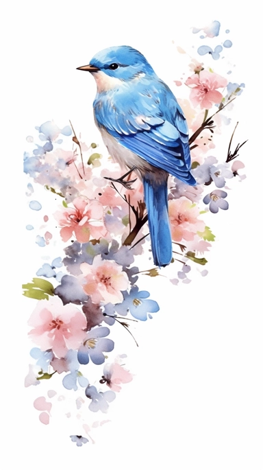 blue bird with flowers, watercolor clipart, completely white background, watercolor,