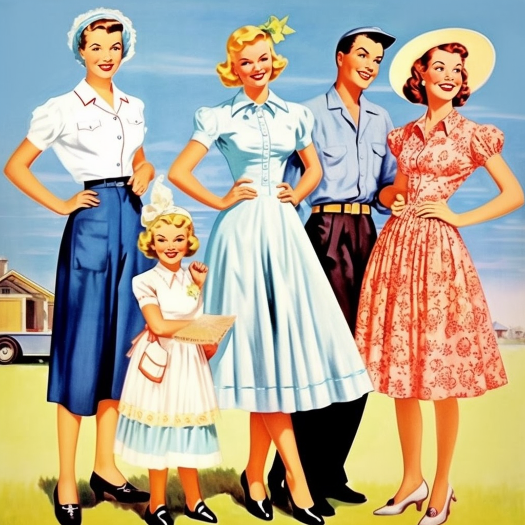 Vintage Illustration, A family of four, one man, one woman, and two ...