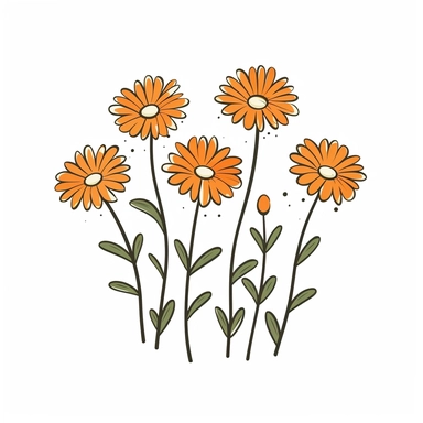Clipart of cartoon daisies in a minimalist style, on a white background,