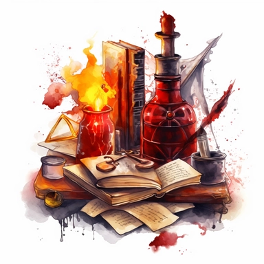 a wizzard study space with scrolls, candles, books, magical items, potions, watercolor, clipart, airbrush art, scientific illustrations, realistic color schemes, intense dark red and bright gold colors, white background