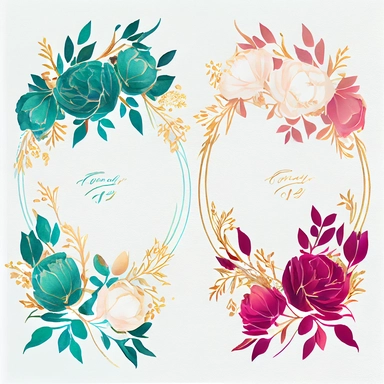 watercolor outlined floral frame variations with roses peonies leaves and berries vector 2d flat, fuchsia, teal, white and gold colors, clipart