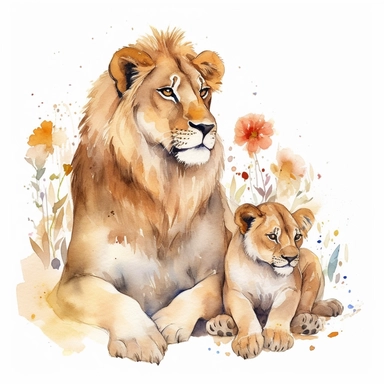 family, baby, lion and lioness,Watercolor Clipart high quality, white background , lion and lioness, cute, love