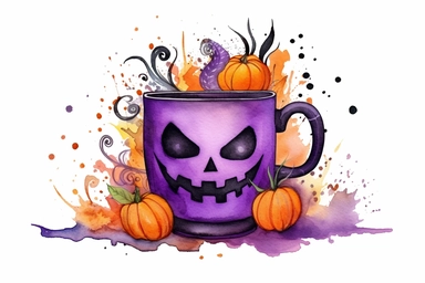 halloween coffee mug, purple, black green, orange, watercolor clipart