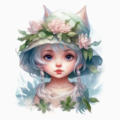 clipart, white background, elf art for android, pastel colors, in the style of whimsical portraits, highly detailed foliage, child-like innocence, cute hat, vibrant realism, tinycore, shiny eyes, soft and dreamy tones