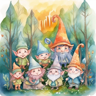 A bunch of Mystical magical cute Leprechauns in a Magical Forest full of whimsical nature Clipart, Fantasy Art, Fairy Tale Art, cloroful Watercolor