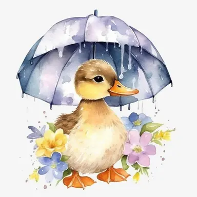 Watercolor FLORAL DUCKING IN RAIN CARRYING AN UMBRELLA clipart, Cute baby animal clipart, WATERCOLOR ART, CUTE BABY DUCKING, ONE DUCK IN ONE IMAGE, HIGH QUALITY