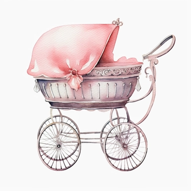 watercolor antique baby carriage pram with pink body, clipart