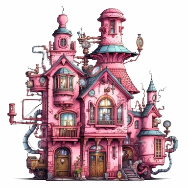 Beautiful Pink Steampunk House Sublimation Girl Clipart ,Cartoon,hyper realistic, intricate detail, illustration style,high solution,on the white background