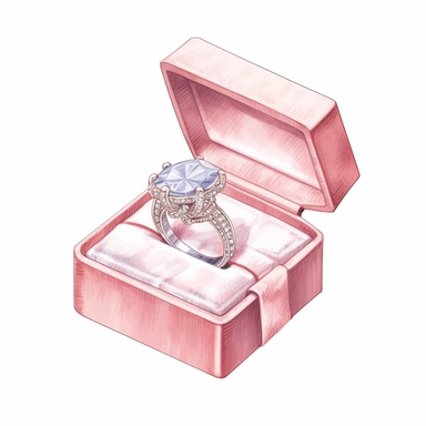 Shiny white diamond bridal ring inside rose embellished baby pink box, in a feminine style popular on Etsy, isolated on a white background, high resolution, highly detailed, watercolor clipart illustration, soft pastel color theme, baby pink, 8k UHD isolated image on white background, hyper - realistic high resolution,