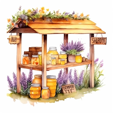 hand drawn honey stand, honey for sale, flowers and grass, shades of yellow and purple, very detailed, very realistic, watercolor, clipart style white background with margins