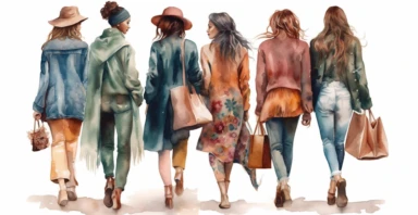 a multicultural fashion group of girls friendships in Paris going for shopping , Watercolour Boho, Clipart, on a white background, detailed, 8k, photographic, realistic