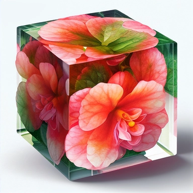 clipart watercolor begonia flowers inside epoxy rasin cube. cube has sharp edges. vibrant color