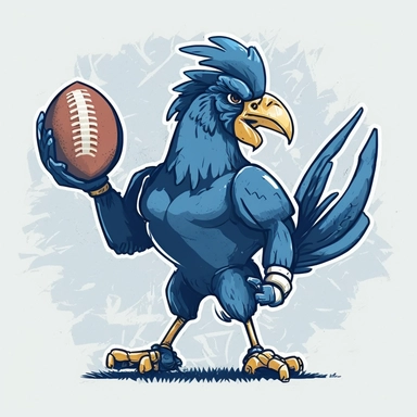 A blue rooster holding an american football ball, standing on a football field, clipart style