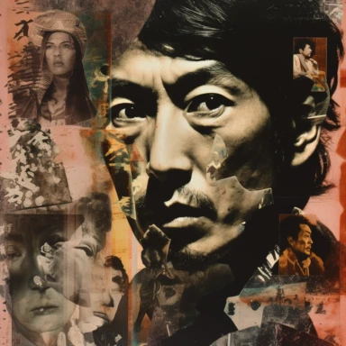 Art Prompt: Rashomon's Reflections Medium: Mixed media (collage and photography) Description: Create a mixed media piece combining photographs and collage elements. The central focus is Akira Kurosawa's face, showing his profound introspection. Surround his face with fragmented images depicting scenes from his film Rashomon, such as rain-soaked streets, a torii gate, and characters with contrasting expressions. Use layers of torn paper, newspaper clippings, and film strips to represent the multi