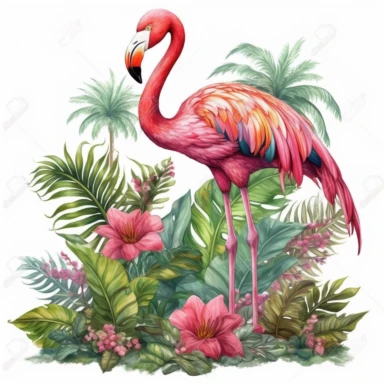 flamingo standing in large tropical forest with full tropical plants, full body, watercolor styles, clear background, Sublimation Clipart,hyper realistic, intricate detail, illustration style, isolated on white background for removing background