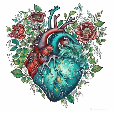 Gothic Floral anatomical Green Heart Clipart, Anatomical Valentine digital-illustration against Solid White Background. Red veins with Blue flowers. Bold, vibrant, Triadic colors. Digital illustration look and feel The image should have a high-detail appearance with texture. The composition should be well-balanced, that evokes the charm of digital-illustration. Blend realism with a touch of stylization, giving digital illustration a sense of depth and personality with meticulous attention to det
