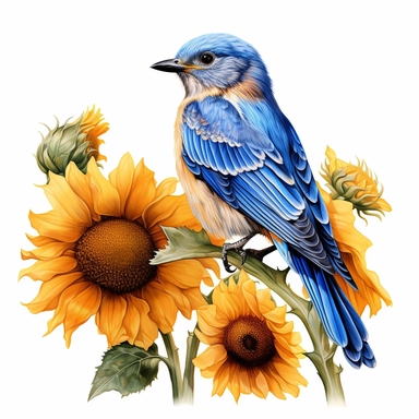 bluebird on sunflowers, original hand drawing, watercolor, understated and flawless coloring image, realistic image, transparent background, realistic painting, portrait without writing clipart, plain isolated white background, 8k ultra detail high sharpness