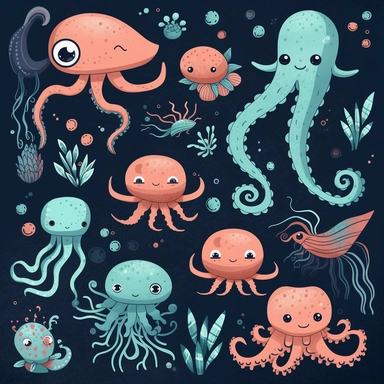 Octopus Clipart Cute Octopus, Sea Creature, Ocean Animals Clipart Kids Clipart Sea Creatures Octopus Nursery Decor, with blue air bubbles and sea anemones and sea plants