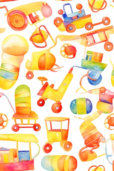 A playful watercolor clipart seamless pattern featuring bright and cheerful colors and fun baby toys (medium: digital illustration)(style: inspired by the works of Mercer Mayer and Tomie dePaola)(lighting: vibrant and energetic with bold contrasts)(colors: lively hues of orange, yellow, and green)(composition: a repeating pattern of whimsical baby toys, such as blocks, cars, and animals, with a lively watercolor effect that adds a playful touch, captured with a high-quality camera and a wide-ang