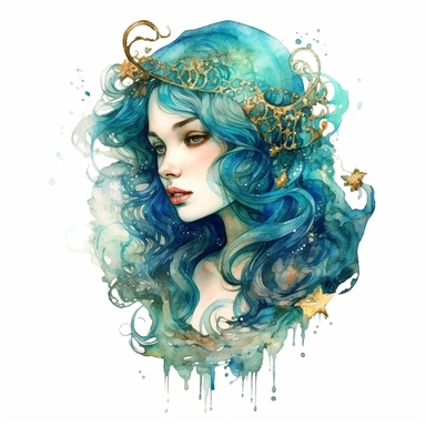 gothic style overrealistic beautiful mermaid in turqouise and sea blue color with watercolor effect,gold details,suitable for digital clipart,white background, no physical deformation, realistic features,royality fashion, space out
