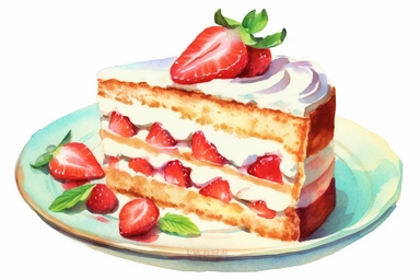 picturesque,a bright simple strawberry sponge cake on dish in family restaurant, mint, clipart on white background, watercolor style,detailing, high quality, painted by Beatrix Potter, 8k