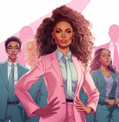 African American Black Girl Magic boss lady vector clipart vector illustration with transparent background, in the style of light indigo and light crimson, photo-realistic hyperbole, cluj school, transparent/translucent medium, detailed crowd scenes, light pink and light emerald, dark brown and white