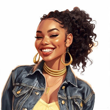 Fashion clipart, Fashion Graphics, beautiful curvaceous Black woman, denim jacket, large gold bamboo hoop earrings, smiling, joyous, fashion accessories rings, Cuban link jewelry