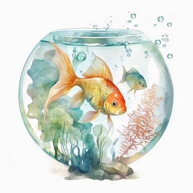 Watercolor fish inside aquarium, clipart, white background, no text