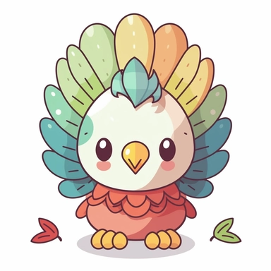 cute kawaii clipart icon of a turkey, colorful feathers, full body, friendly, anime style, in white background, soft color blending, rounded