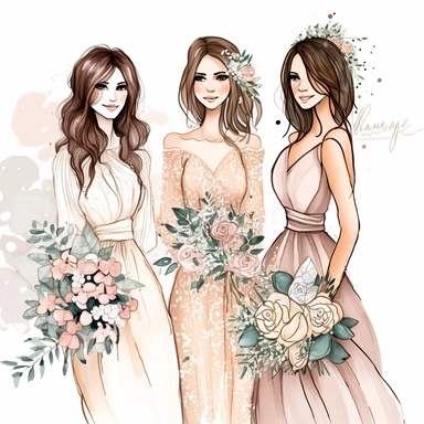 Best Friends wedding Fashion Illustration Clipart, high resoulution format,bride and bridesmaids png file