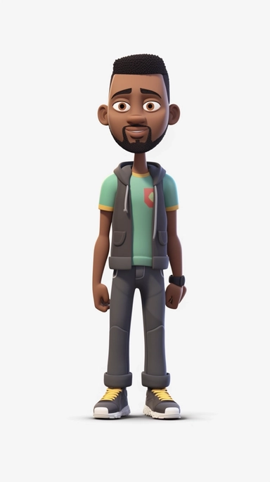 Front view of animated black man standing wearing t-shirt character design, full body, face drawing in top quality, high quality face drawing, clipart, full illustration, 4k, sharp focus, Soft skin, symmetrical, detailed face, concept art, storybook style, chibi kawaii. Octane rendering, 3D, perfect face, detailed face, delicate face, sharp lips. Perfect, detailed eyes