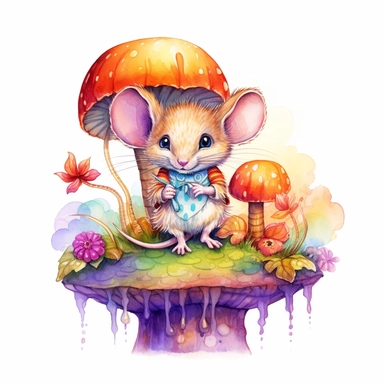 Whimsical Wonderland, clipart, cute mouse character, vibrant colours,Watercolor, Detailed, sweet, majestic, high resolition, isolated on a white background