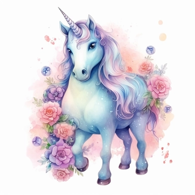 High level watercolor, hyper realistic cartoon, transparent background with margins, 8k, ultra detailed clipart, cute colorful fat unicorn full body, with big cute eyes, flower, and shimmering fairy dust, magical pattern, cool, fairy