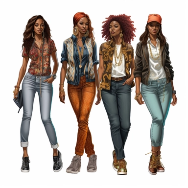 Full body, four full-figure African-American women with brown skin, streetwear, clipart style, white background, highly detailed, very attractive, glamorous, make up beautiful, gorgeous, glowing, happy, smiling