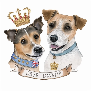 Pastel watercolour clipart svg white background of 2 smiling happy Jack Russell terrier dogs. 1st dog is brown an black fur the 2nd is light brown both are smiling, both wearing a large gold King crown on heads, place each dog face in thick shinny gold ornate frame made from gold leaves, both dogs are wearing a colourful vibrant red an blue union jack dog collar, a personlised banner at the bottom to write someone's name on.