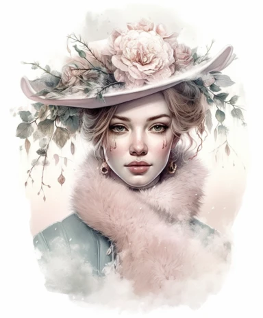 isolated on white illustration watercolor art of a portrait of close-up beautiful feminine princess, overgrown with white and light pink roses and flowers, covered with snow and ice, a lot of moss and branches, hat, lace and embroidery, trees, fur cape, masterpiece by Tom Bagshaw style and by Hans Zatzka style and by James C. Christensen style and by Alexander Jansson style, Baroque fashion, PNG clipart, isolated on white, white background, extreme photorealistic details, 32k HD resolution, real