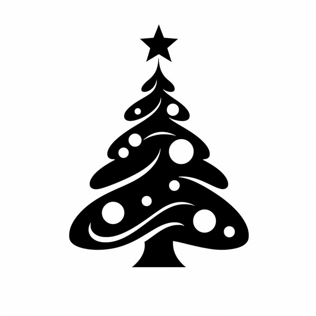 black and white silhouette of a christmas tree, clipart style, white ...