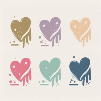Six cute heart-shaped icons vector clipart in the style of lively brushstrokes, star art group (Xing Xing), label and marker style, minimalism, muted colors, white bakcground