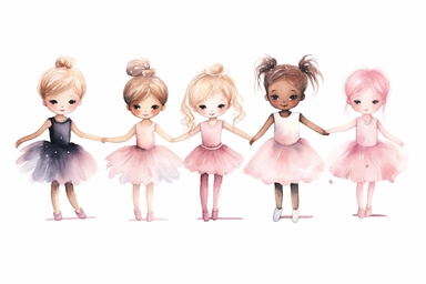 Watercolor clipart collection of cute little girl ballerinas standing individually, dancing in different poses. Different coloured hair and skin, Wearing pink dress with tutu, ballet shoes, pink headband with little bow, isolated elements on a white background with a wide margin