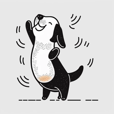 a dancing dog happy and dreamy. cute, clipart, flat 2d vector, minimalist, black and white, kids cartoon, svg cut file, line art drawing