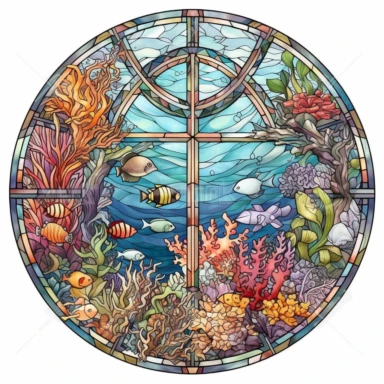 An octagonal stained glass window clipart, showing an underwater scene with colorful coral reefs and exotic marine life, rendered in tropical hues. Rendered in a hand-drawn, watercolor style with a white background for easy cutting.