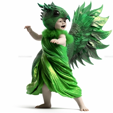 green baby girl Godzilla, looks like an alien, doing high step dance moves, wearing a designer dress made from Phoenix feathers , ultra high fashion, wearing ruby neck scarf, techno lighting, disney cuteness, plain white background, cutout clipart